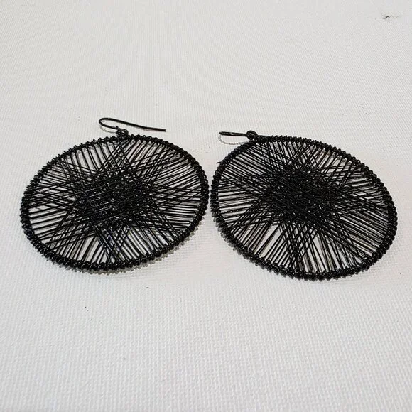 Black Round Woven Star Black Wire Dangle Hoop Pierced French Hook Earrings - Picture 5 of 9